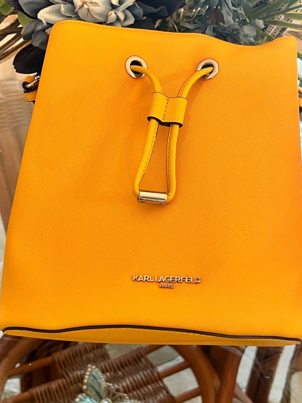 Karl Lagerfeld Yellow Saffiano Shoulder Bucket Bag - Picture 12 of 12